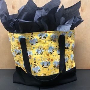 LAST ONE Gnome Canvas Tote Bag Large Bumblebee Yellow Black Handmade
